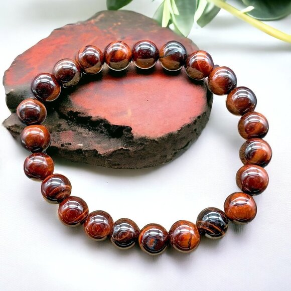 Red Tigers Eye Gemstone Stretch Bracelet Handmade - Picture 1 of 7